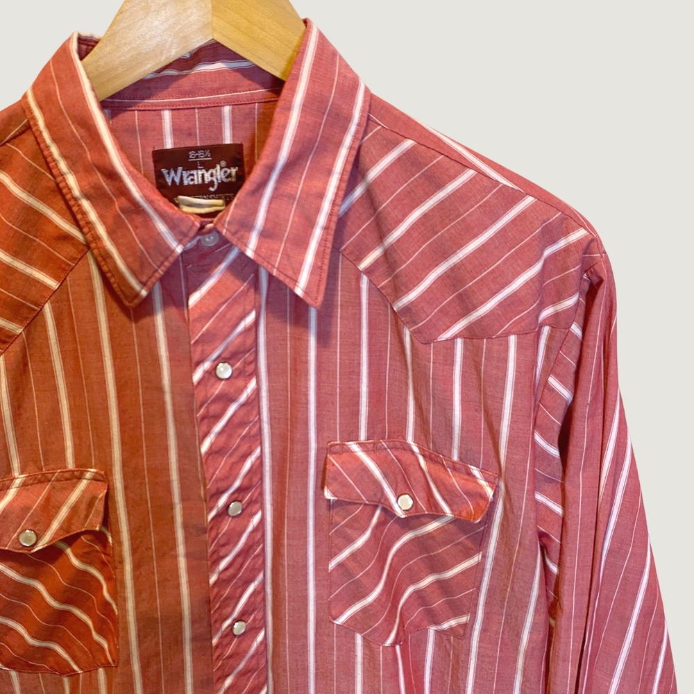 Wrangler Western Shirt Mens L Red White Excellent Vintage Pearl Snap Striped